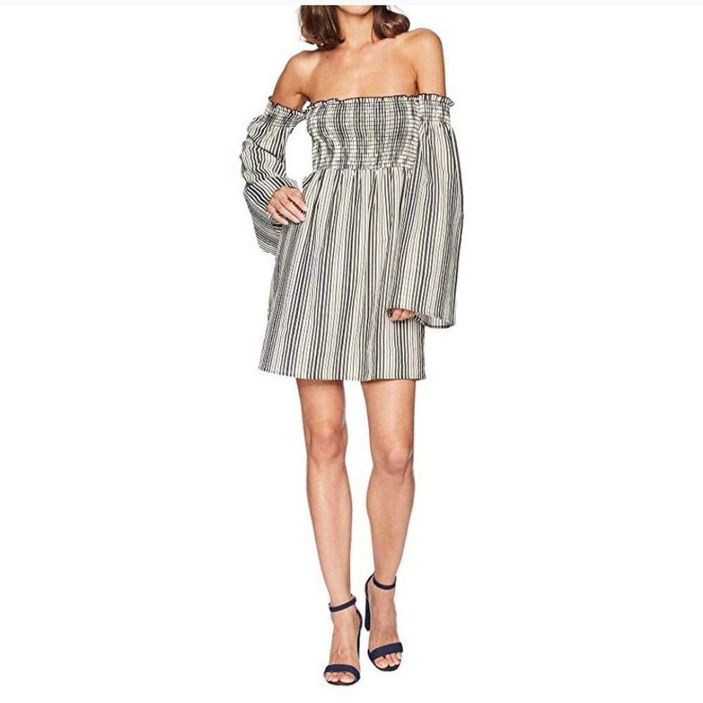 Show Me Your MuMu Sandra Smocked Off The Shoulder Striped Mini Dress Small - Picture 2 of 9